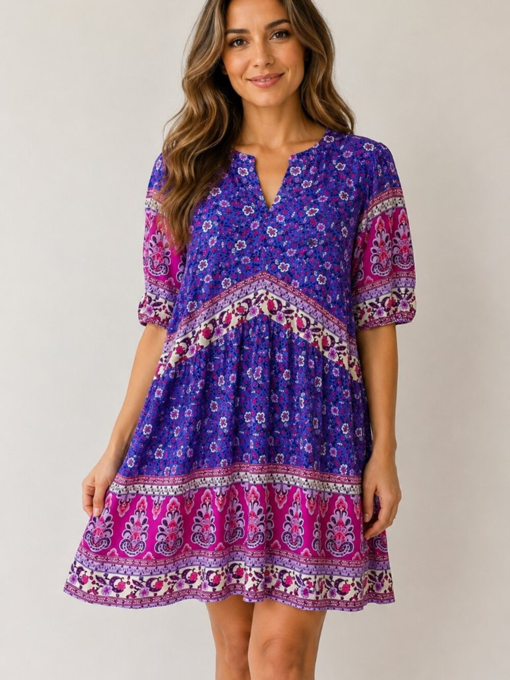 Rusttydustty 3XL Boho Floral Babydoll Tunic Top Purple Pink Viscose Peasant